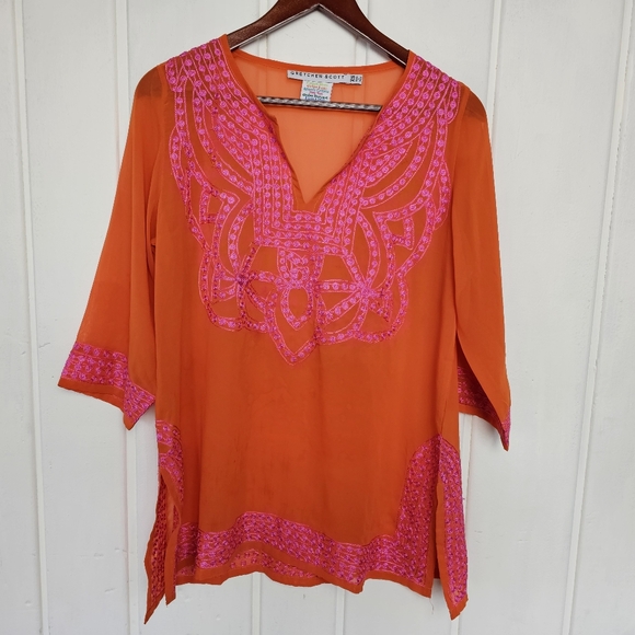 Gretchen Scott XS Orange Pink Sheer Oversized Embroidered BohoTunic Top - Picture 3 of 14